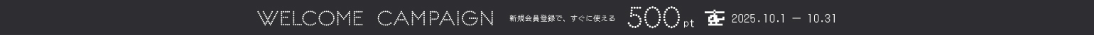 WELCOME CAMPLAIGN 新規会員登録で、すぐに使える500pt 10/1 00:00:00 ~ 11/31 00:00:00