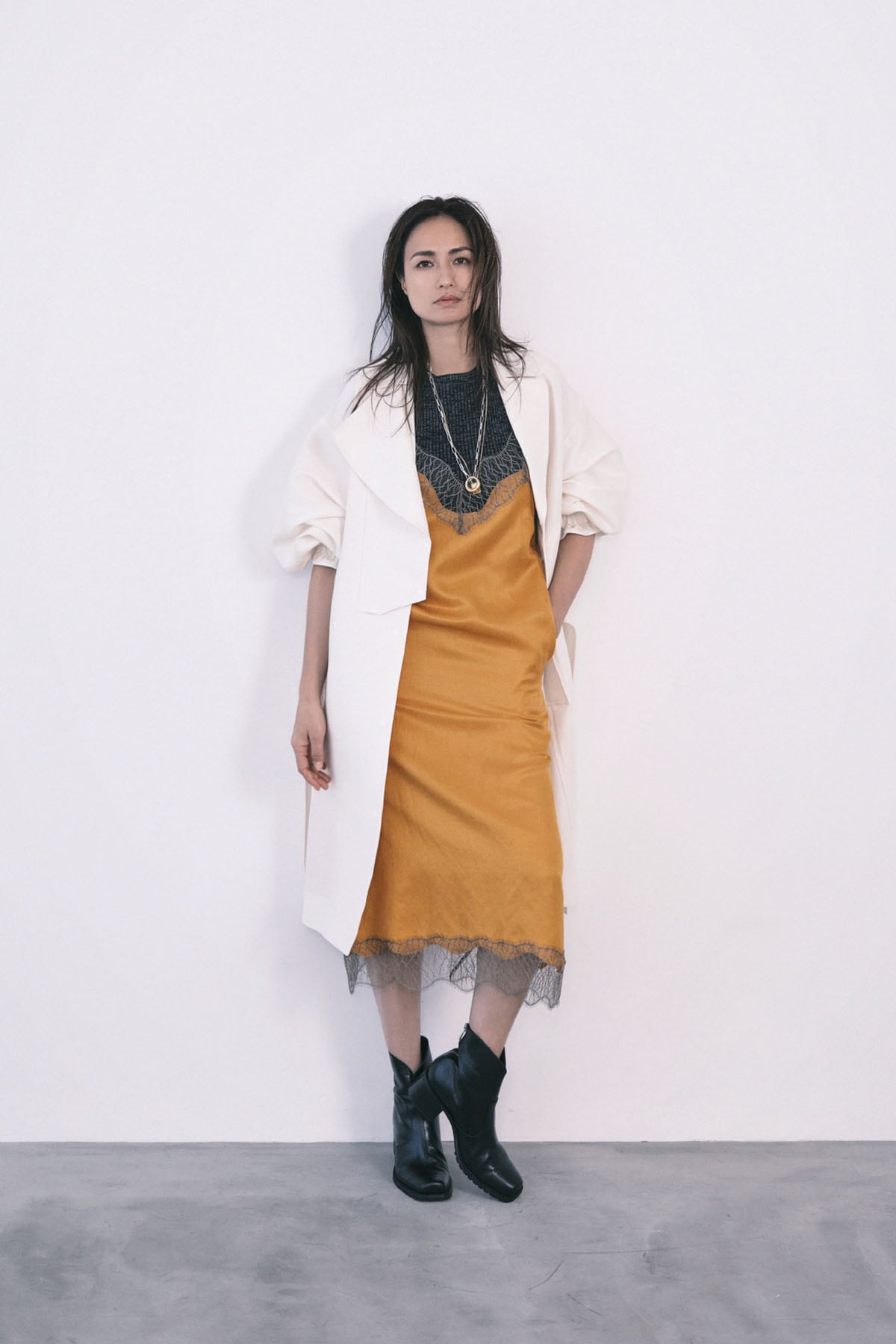 military coat × camisole dress